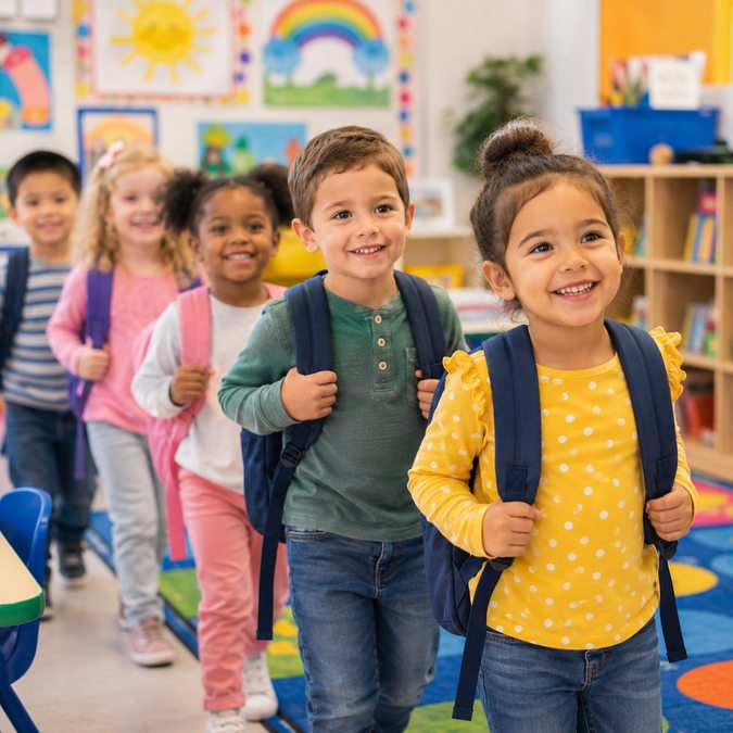 Happy Pre-K children walking into their classroom with backpacks