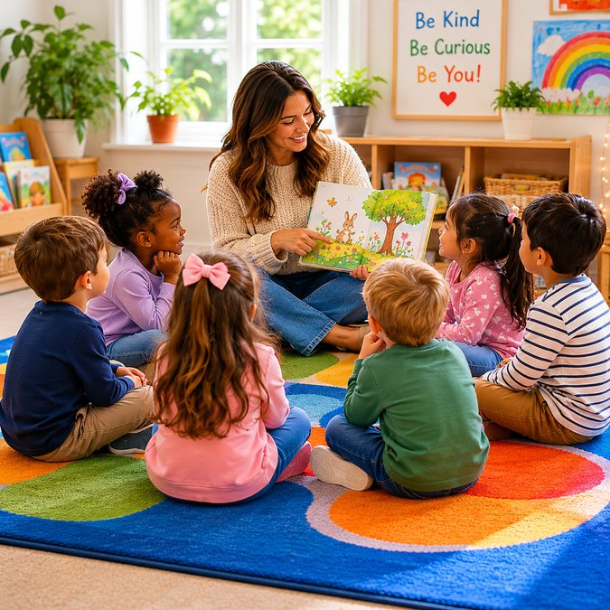 Teacher reading a book to a circle of preschool children