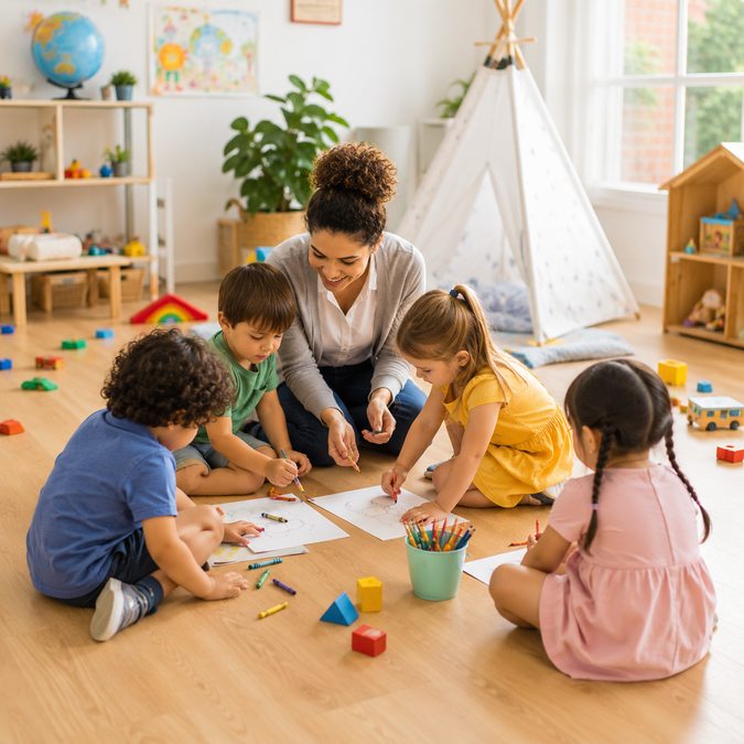 Teacher and toddlers drawing together on the floor
